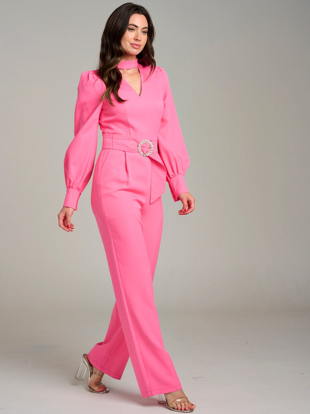 WOMEN'S LONG SLEEVE POCKETS CUT OUT BELTED WIDE LEG JUMPSUIT