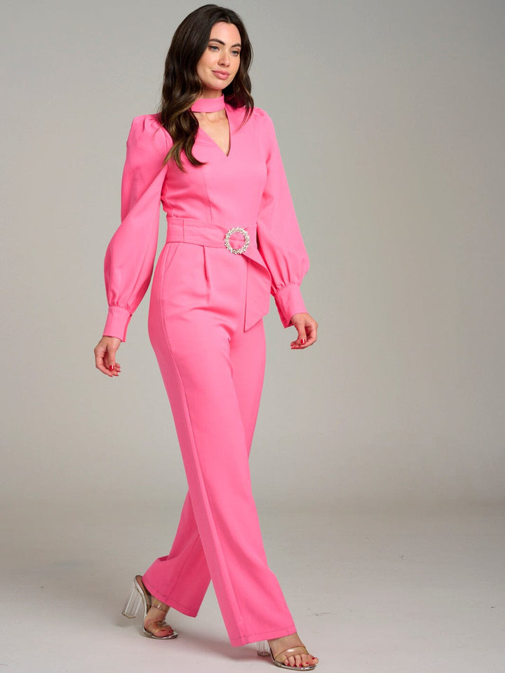 WOMEN'S LONG SLEEVE POCKETS CUT OUT BELTED WIDE LEG JUMPSUIT