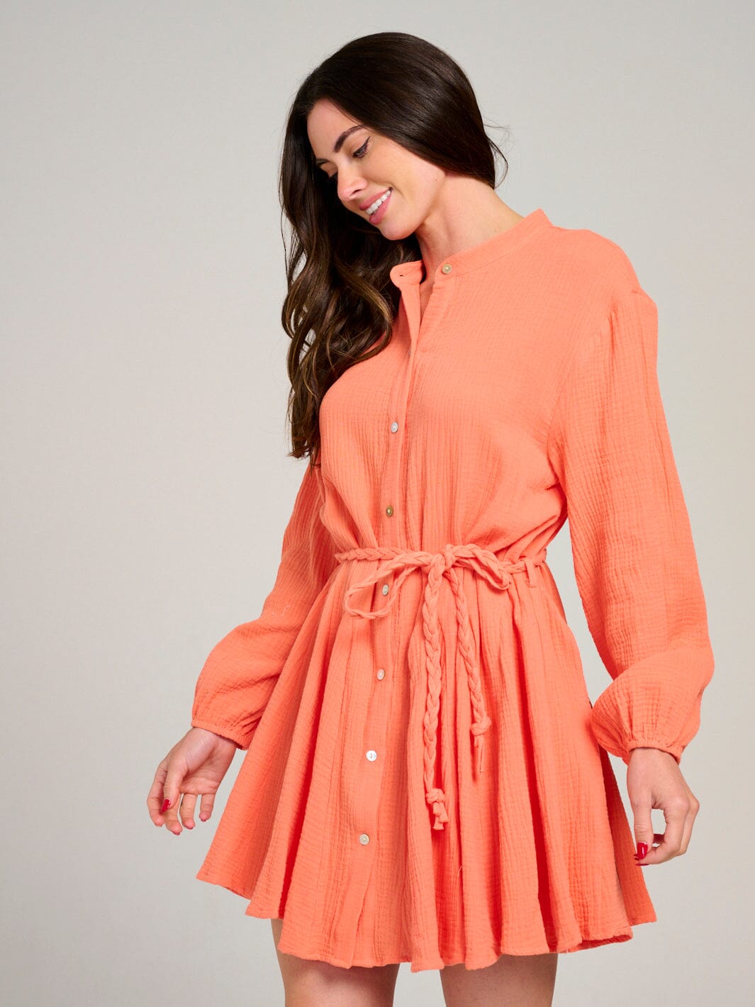 WOMEN'S LONG SLEEVE BUTTON UP SELF TIE MINI DRESS