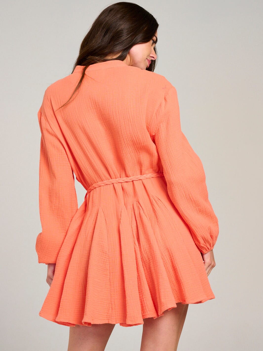 WOMEN'S LONG SLEEVE BUTTON UP SELF TIE MINI DRESS