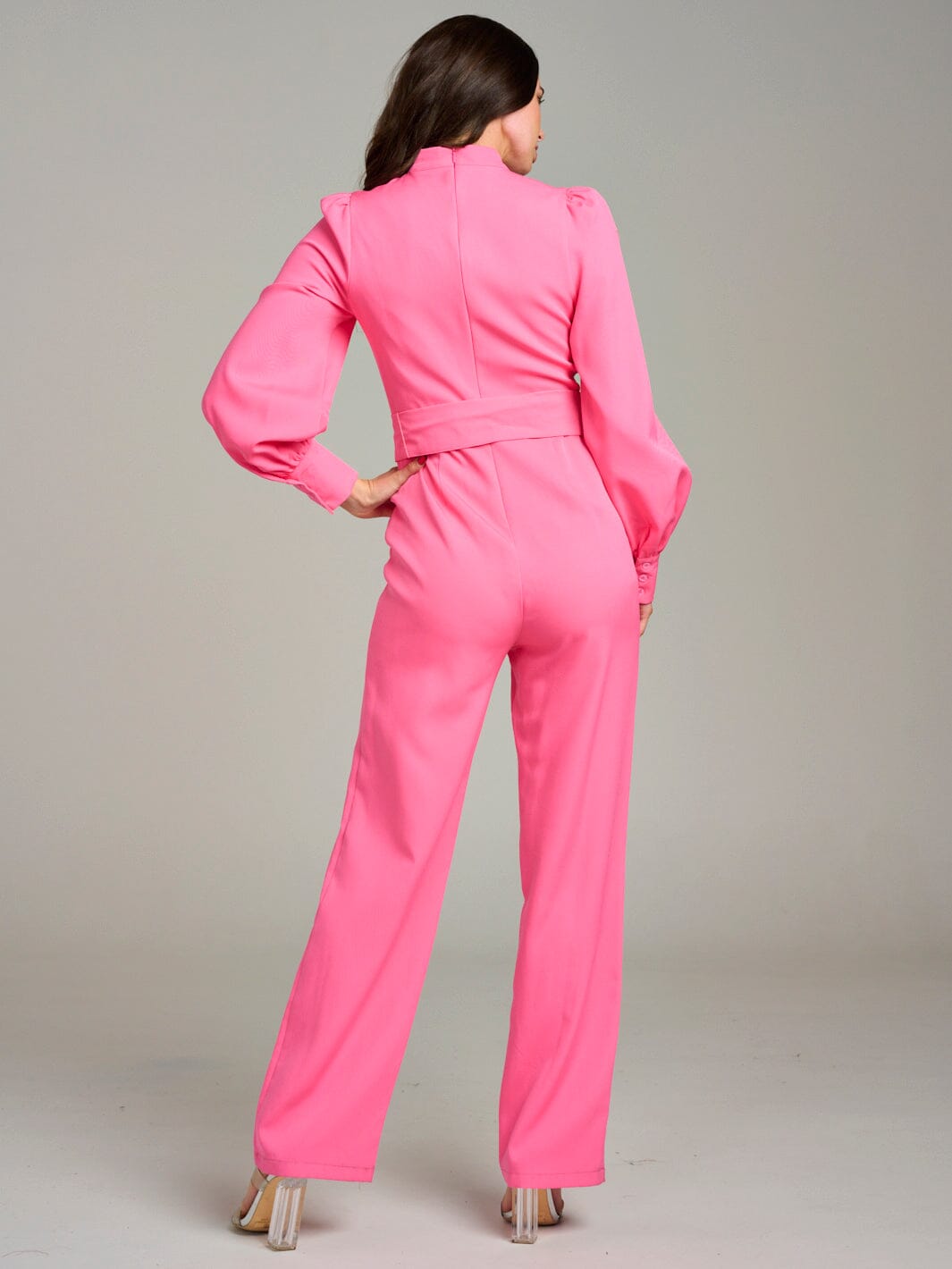 WOMEN'S LONG SLEEVE POCKETS CUT OUT BELTED WIDE LEG JUMPSUIT