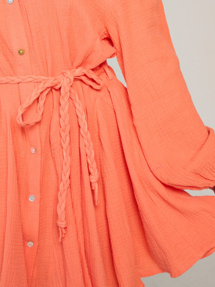 WOMEN'S LONG SLEEVE BUTTON UP SELF TIE MINI DRESS