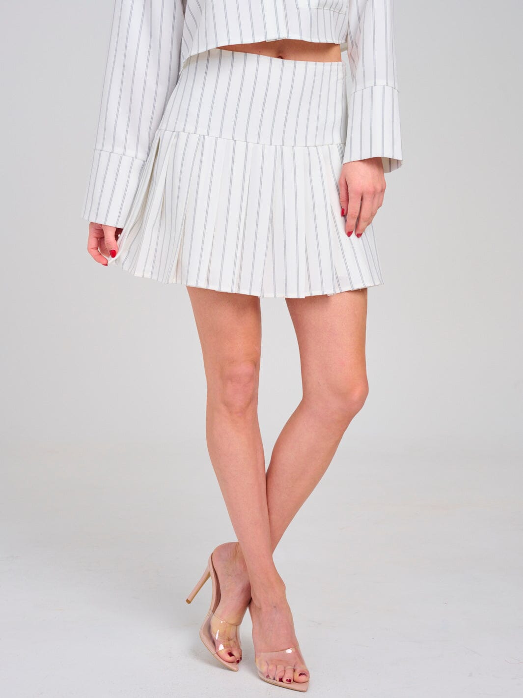 WOMEN'S ZIP UP PLEATED FIT & FLARE STRIPES MINI SKIRT