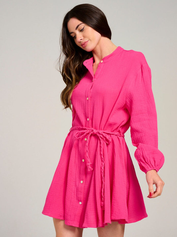WOMEN'S LONG SLEEVE BUTTON UP SELF TIE MINI DRESS