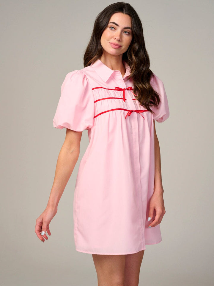 WOMEN'S SHORT PUFF SLEEVE BUTTON UP LOOSE FIT MINI DRESS