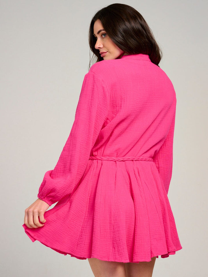 WOMEN'S LONG SLEEVE BUTTON UP SELF TIE MINI DRESS