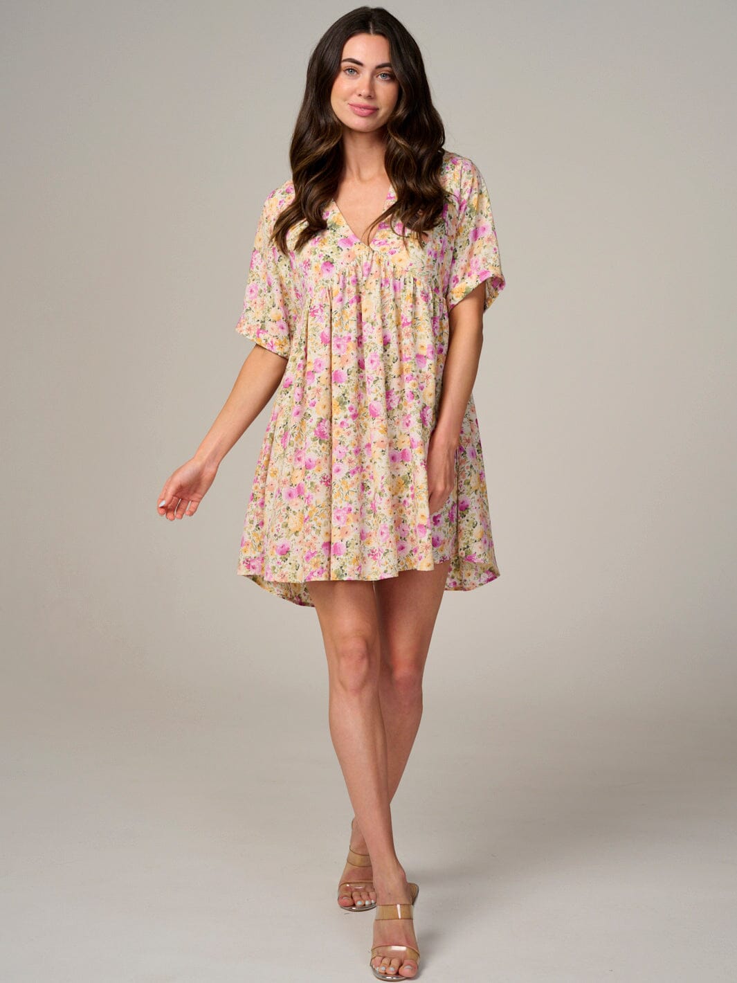 WOMEN'S SHORT SLEEVE V-NECK FLORAL TUNIC MINI DRESS