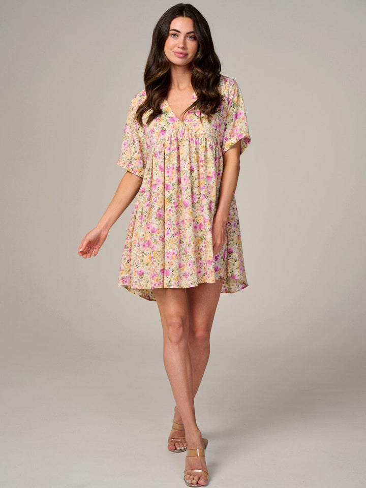 WOMEN'S SHORT SLEEVE V-NECK FLORAL TUNIC MINI DRESS