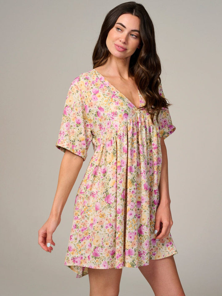 WOMEN'S SHORT SLEEVE V-NECK FLORAL TUNIC MINI DRESS