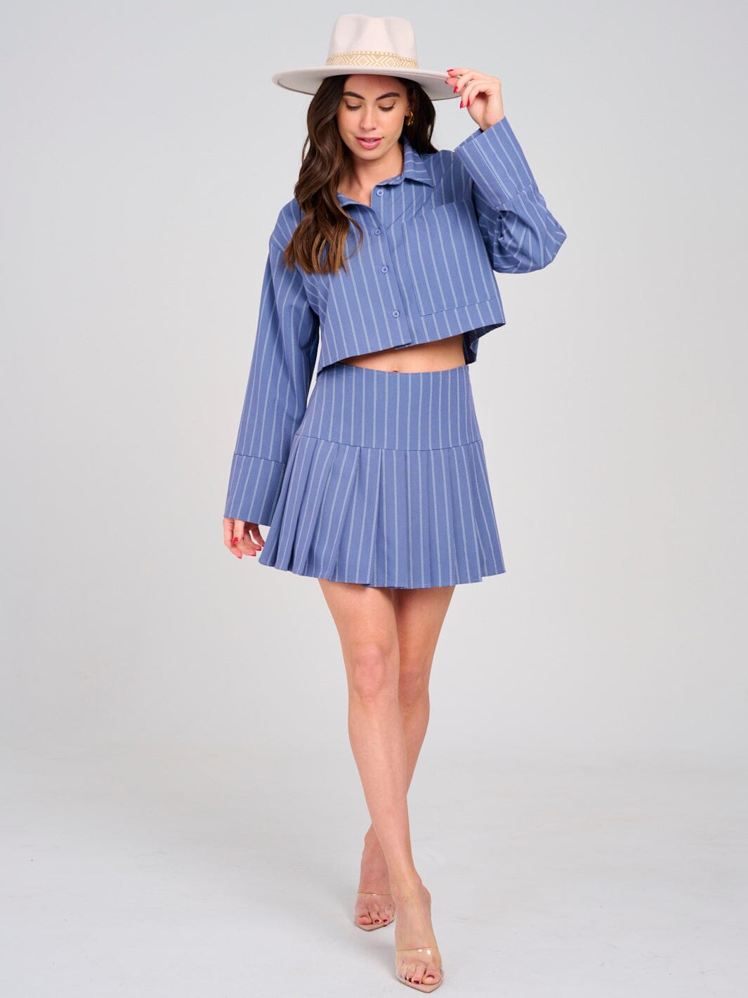 WOMEN'S LONG SLEEVE TOP & ZIP UP MINI SKIRT STRIPES 2PC. SET