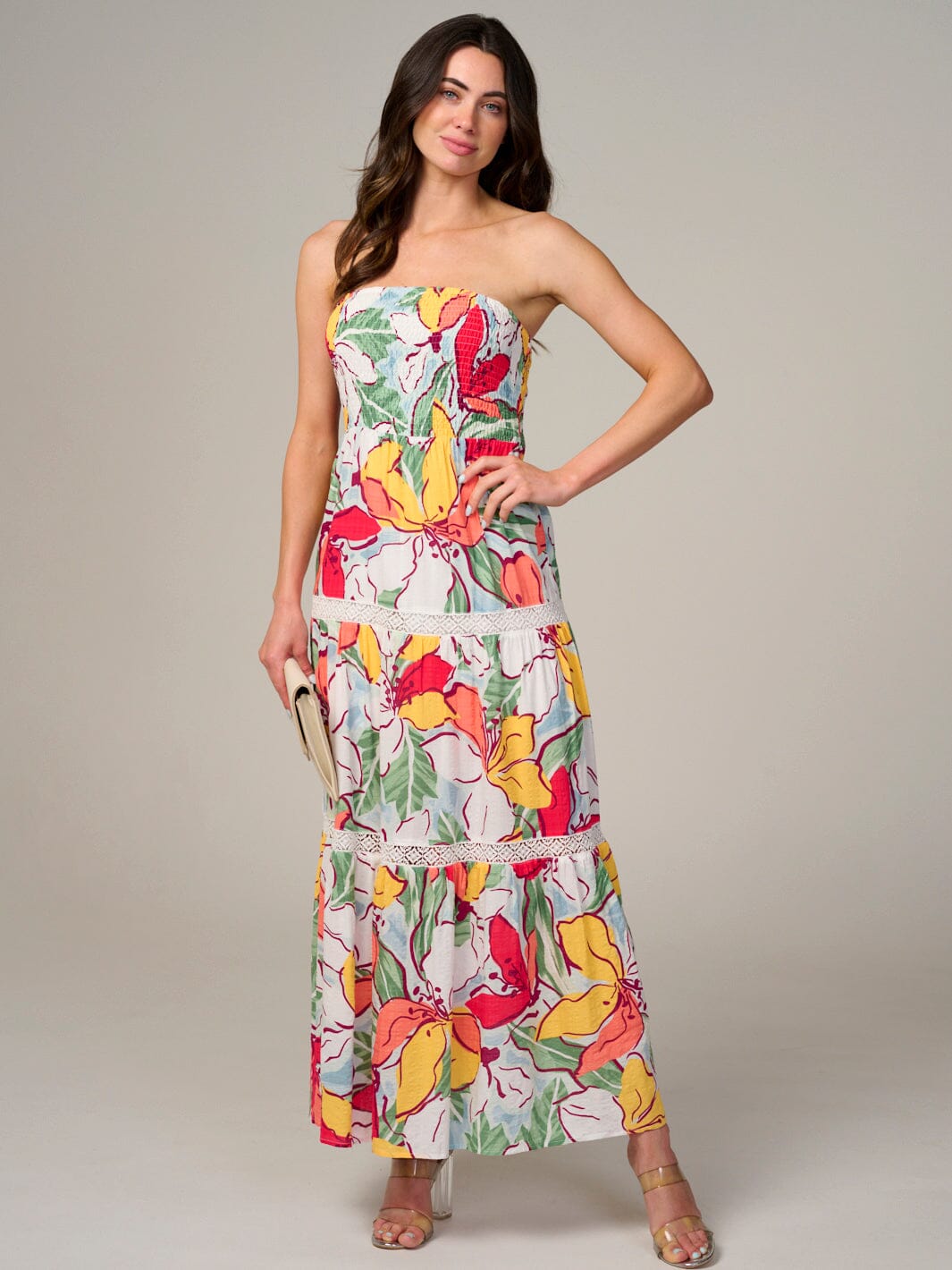 WOMEN'S SLEEVELESS SMOCK TIERED FLORAL MAXI DRESS