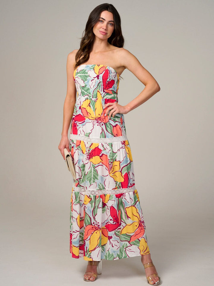 WOMEN'S SLEEVELESS SMOCK TIERED FLORAL MAXI DRESS