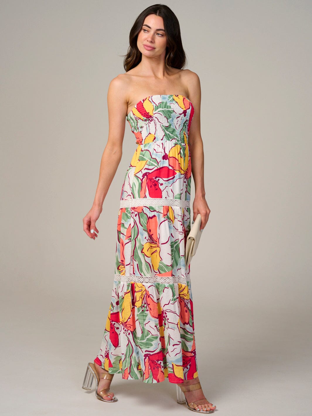 WOMEN'S SLEEVELESS SMOCK TIERED FLORAL MAXI DRESS