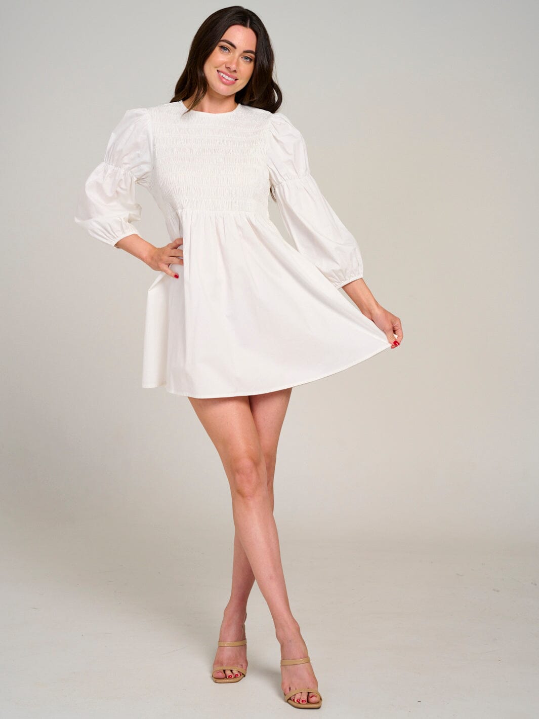 WOMEN'S 3/4 SLEEVES SMOCK FIT & FLARE MINI DRESS