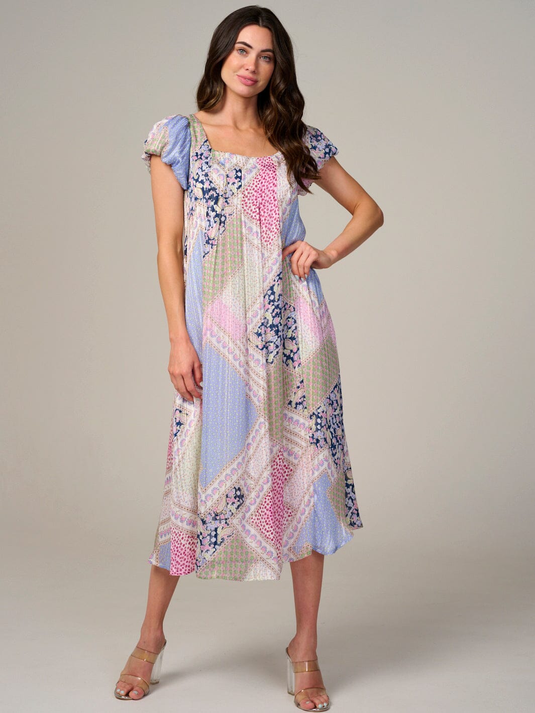 WOMEN'S SHORT SLEEVE BACK TIE MULTI PRINT MIDI DRESS