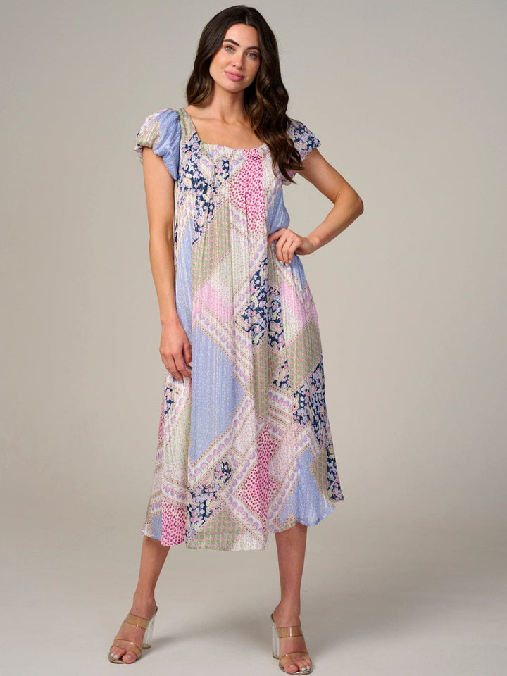 WOMEN'S SHORT SLEEVE BACK TIE MULTI PRINT MIDI DRESS