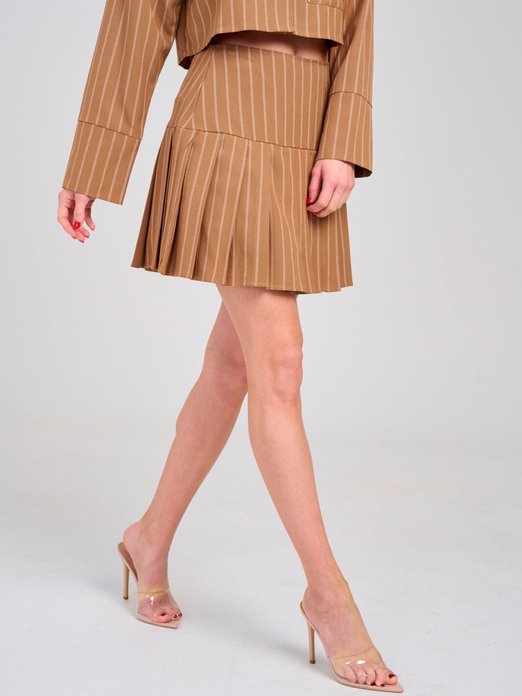WOMEN'S ZIP UP PLEATED FIT & FLARE STRIPES MINI SKIRT