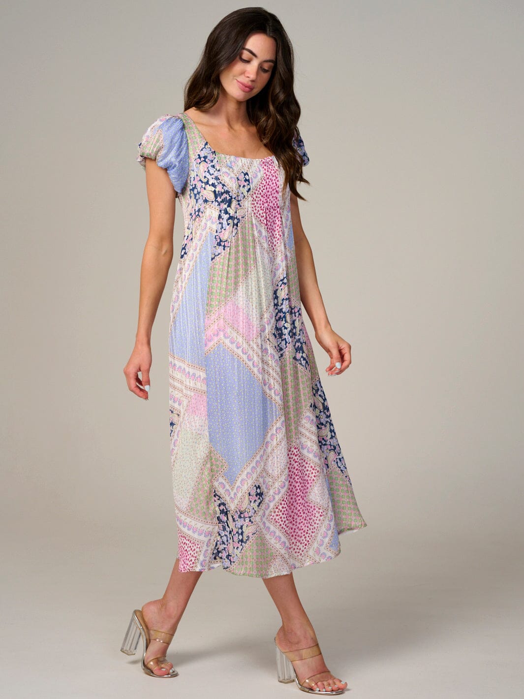 WOMEN'S SHORT SLEEVE BACK TIE MULTI PRINT MIDI DRESS