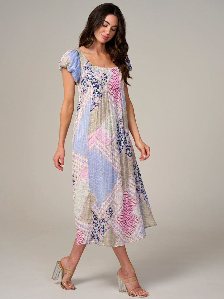 WOMEN'S SHORT SLEEVE BACK TIE MULTI PRINT MIDI DRESS