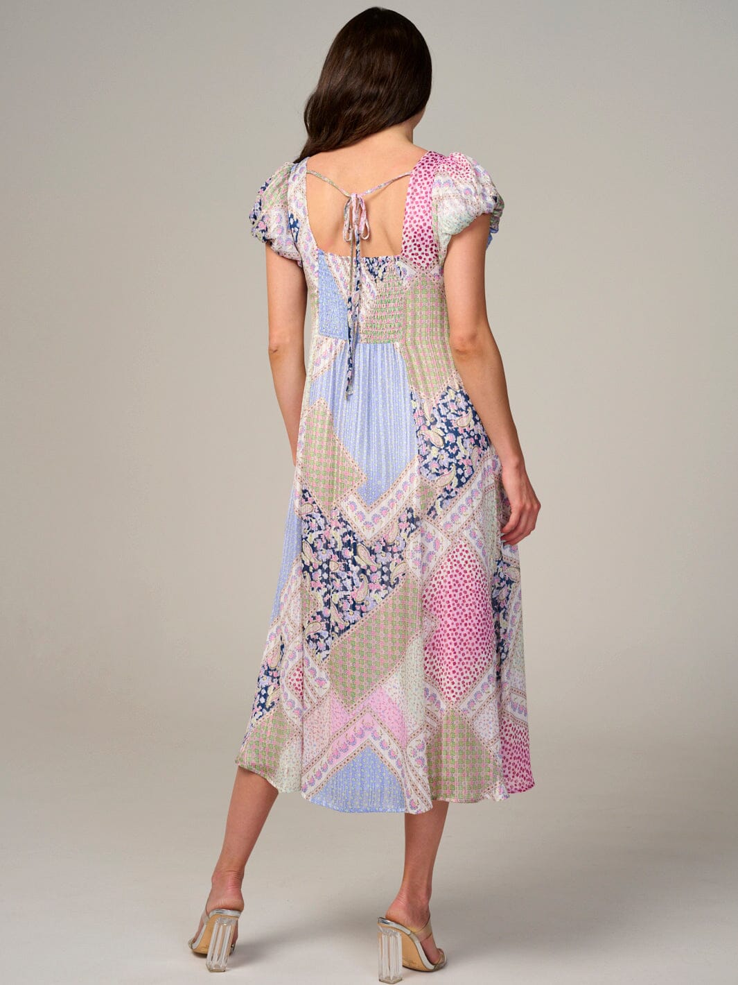WOMEN'S SHORT SLEEVE BACK TIE MULTI PRINT MIDI DRESS