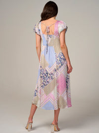WOMEN'S SHORT SLEEVE BACK TIE MULTI PRINT MIDI DRESS