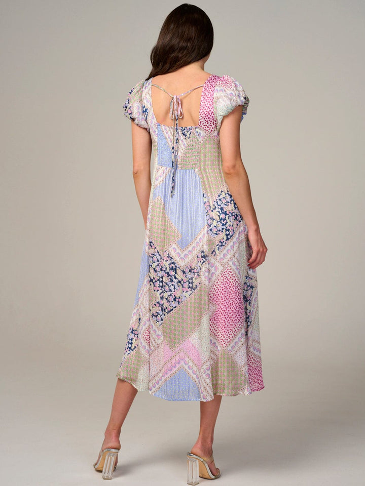 WOMEN'S SHORT SLEEVE BACK TIE MULTI PRINT MIDI DRESS