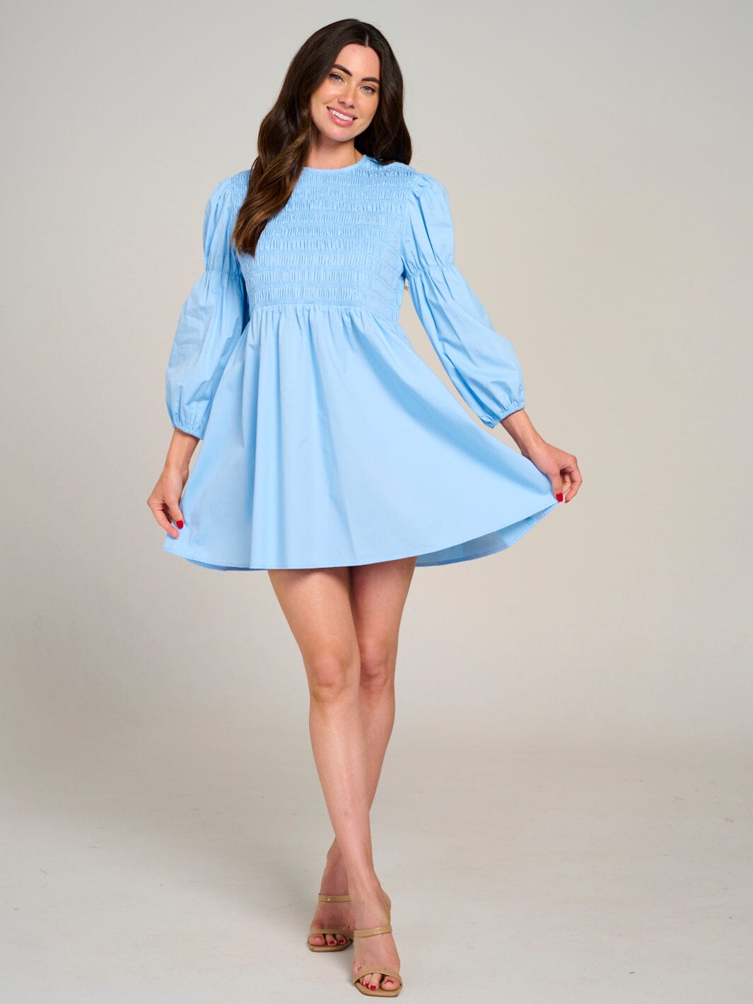 WOMEN'S 3/4 SLEEVES SMOCK FIT & FLARE MINI DRESS