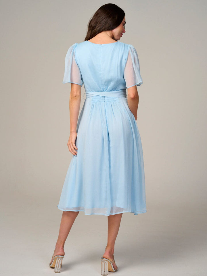 WOMEN'S SHORT SLEEVE BUTTONS DETAILED SELF TIE MIDI DRESS