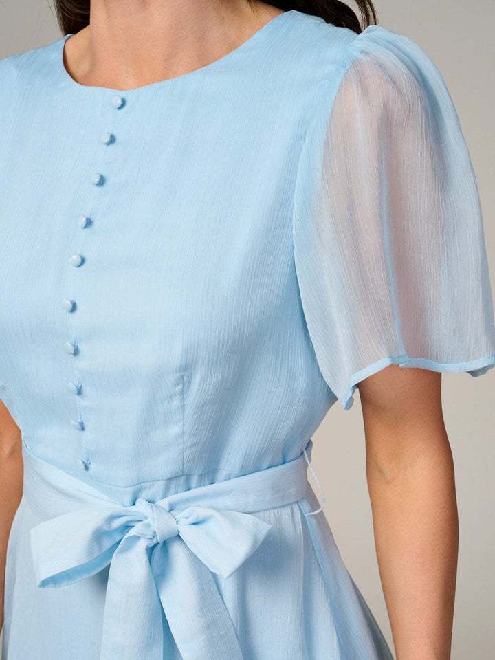 WOMEN'S SHORT SLEEVE BUTTONS DETAILED SELF TIE MIDI DRESS