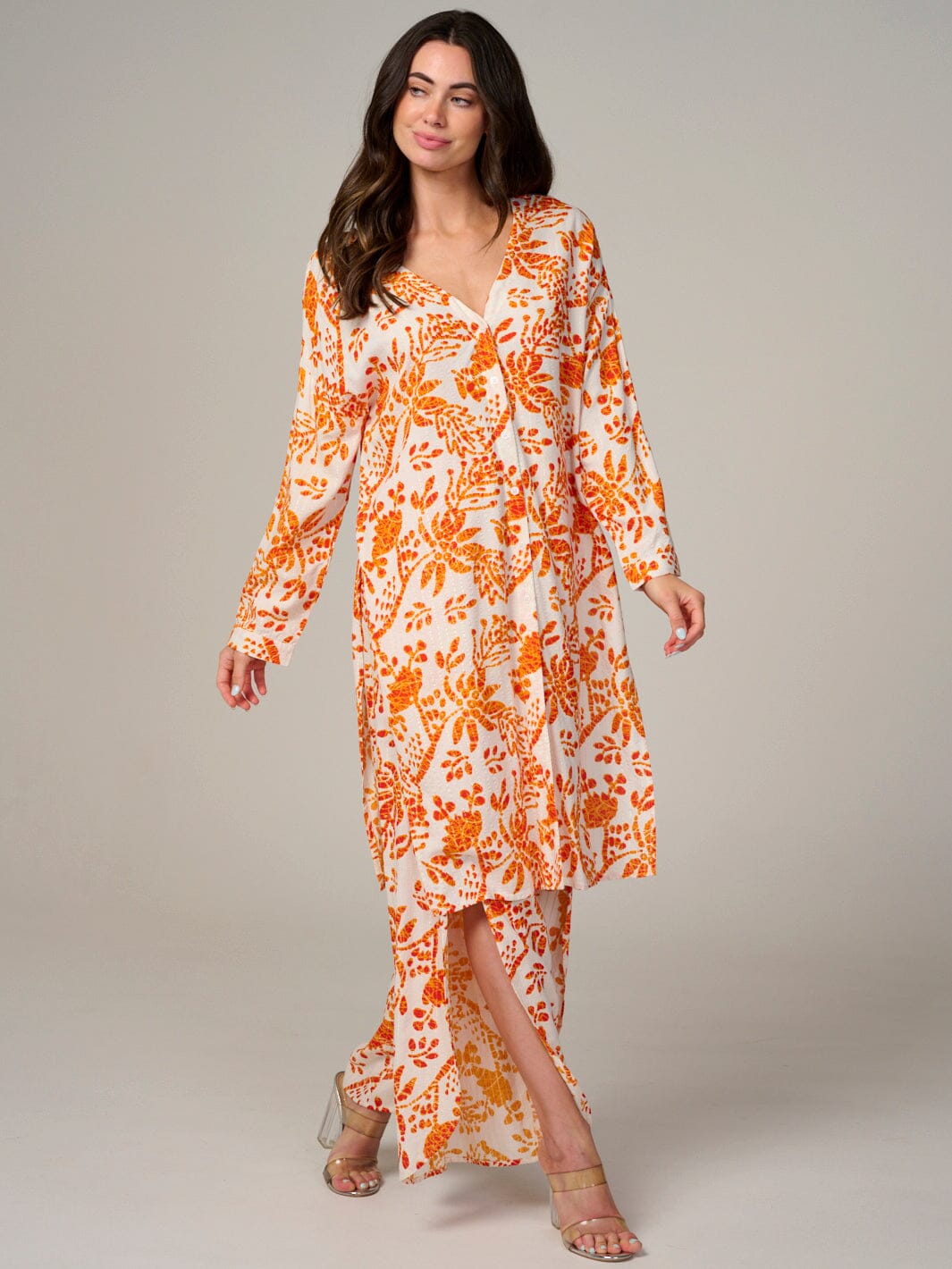 WOMEN'S LONG SLEEVE BUTTON UP FLORAL TUNIC BLOUSE