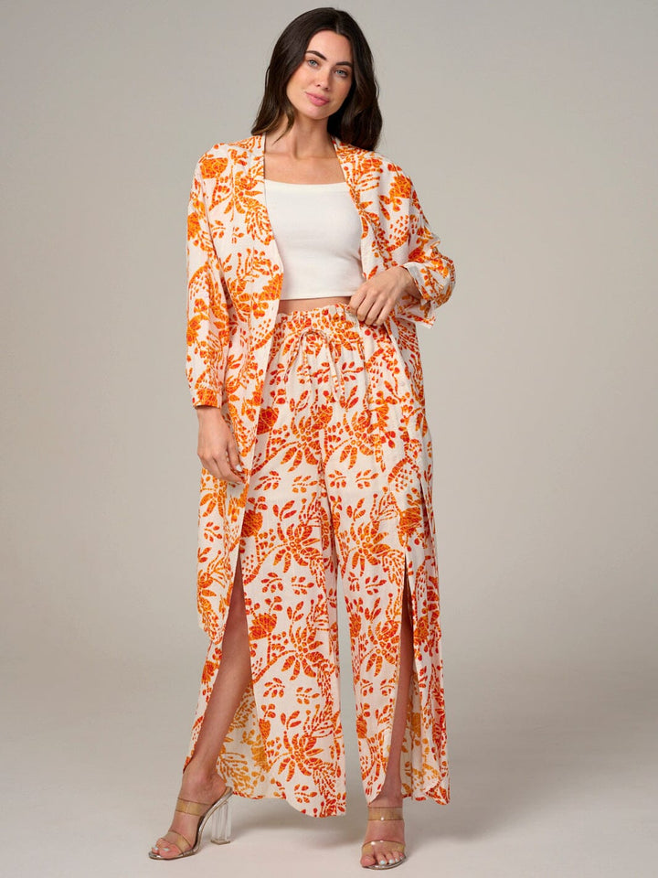 WOMEN'S ELASTIC WAIST FRONT SLIT FLORAL WIDE LEG PANTS