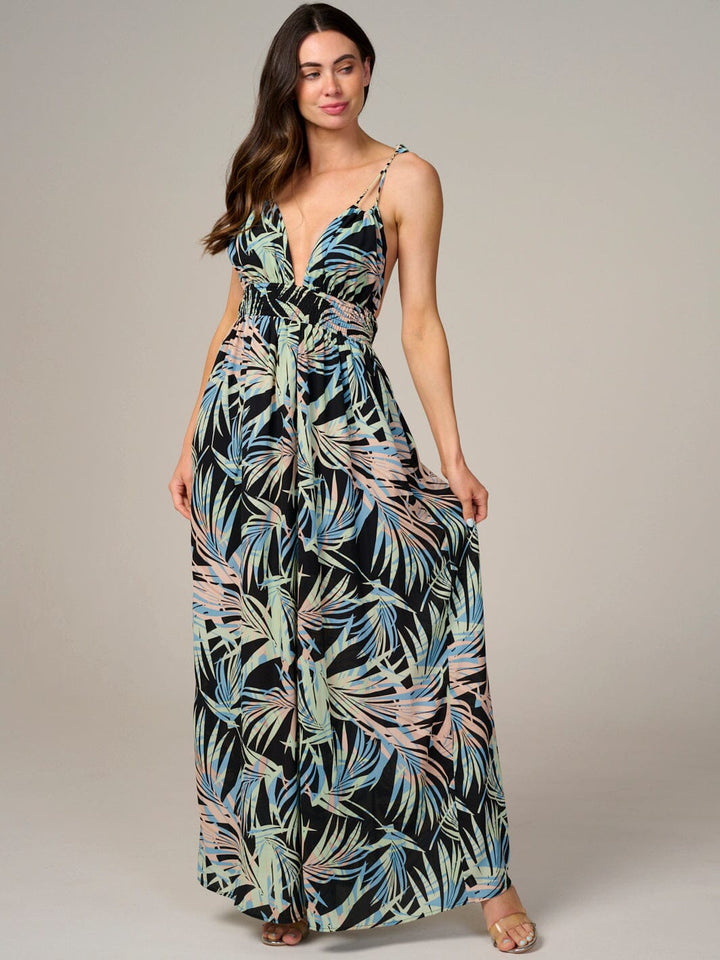 WOMEN'S SLEEVELESS V-NECK SMOCK WAIST OPEN BACK FLORAL MAXI DRESS