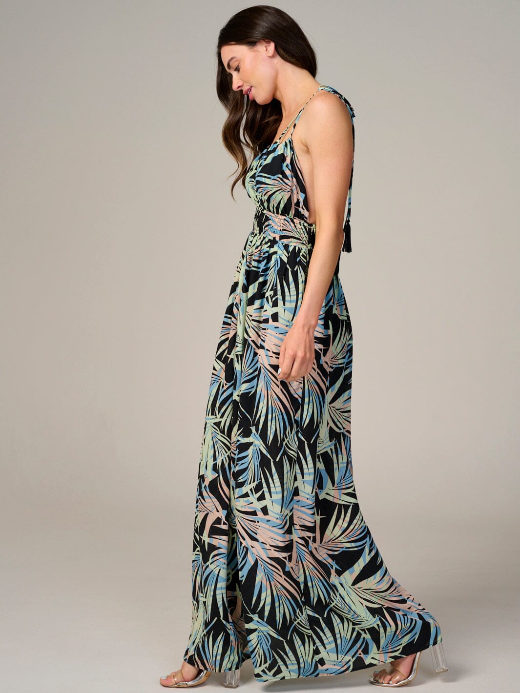 WOMEN'S SLEEVELESS V-NECK SMOCK WAIST OPEN BACK FLORAL MAXI DRESS