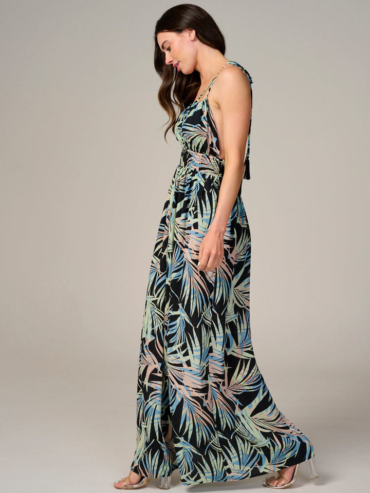 WOMEN'S SLEEVELESS V-NECK SMOCK WAIST OPEN BACK FLORAL MAXI DRESS