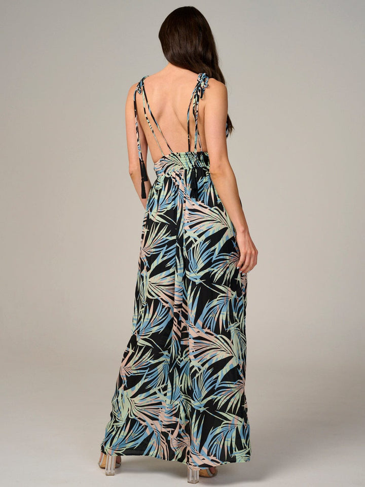 WOMEN'S SLEEVELESS V-NECK SMOCK WAIST OPEN BACK FLORAL MAXI DRESS