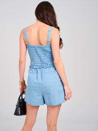 WOMEN'S SLEEVELESS SMOCK FRONT POCKETS DENIM ROMPER