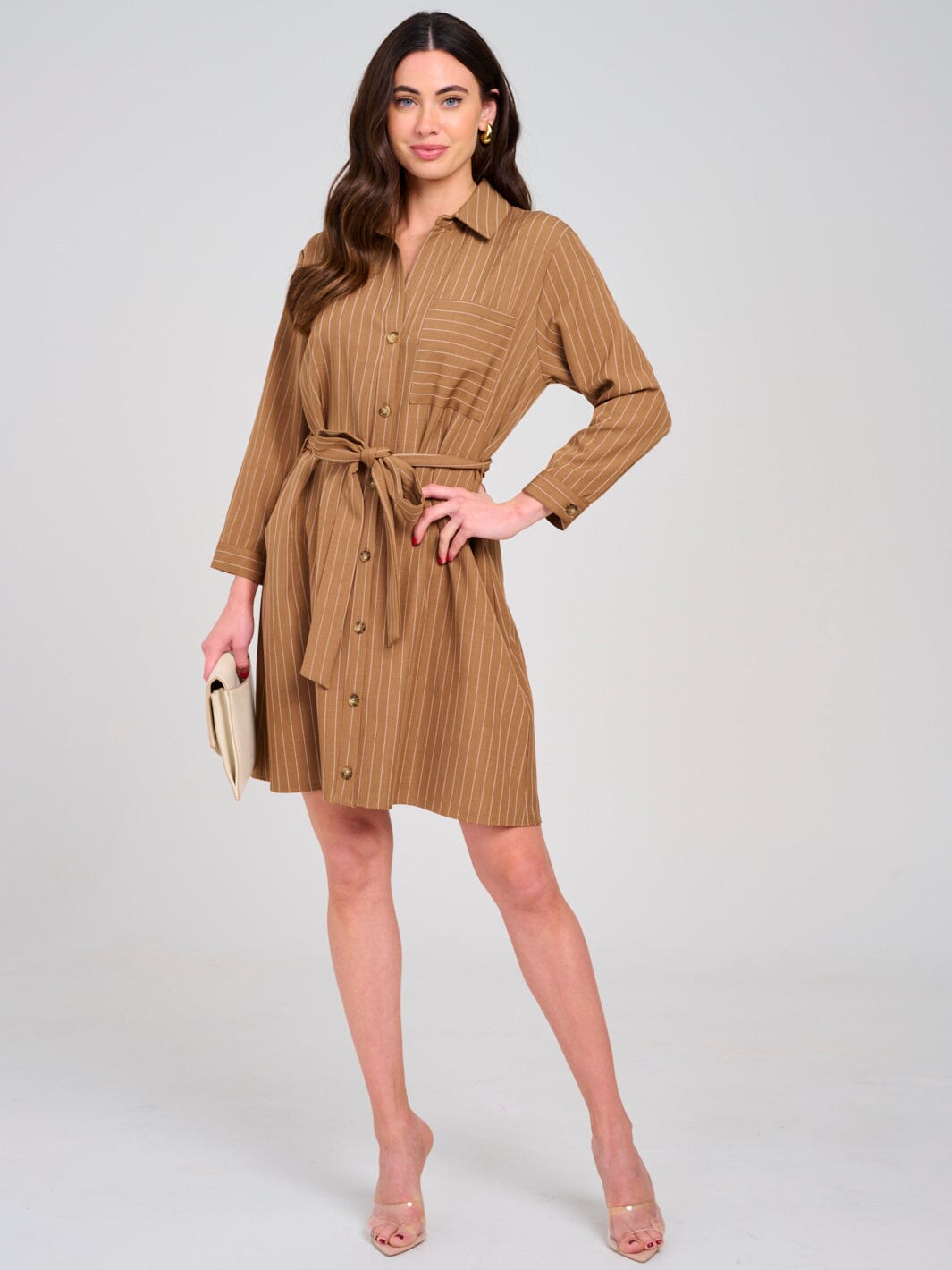 WOMEN'S LONG SLEEVE BUTTON UP SELF TIE FRONT POCKET MINI DRESS