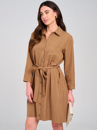 WOMEN'S LONG SLEEVE BUTTON UP SELF TIE FRONT POCKET MINI DRESS