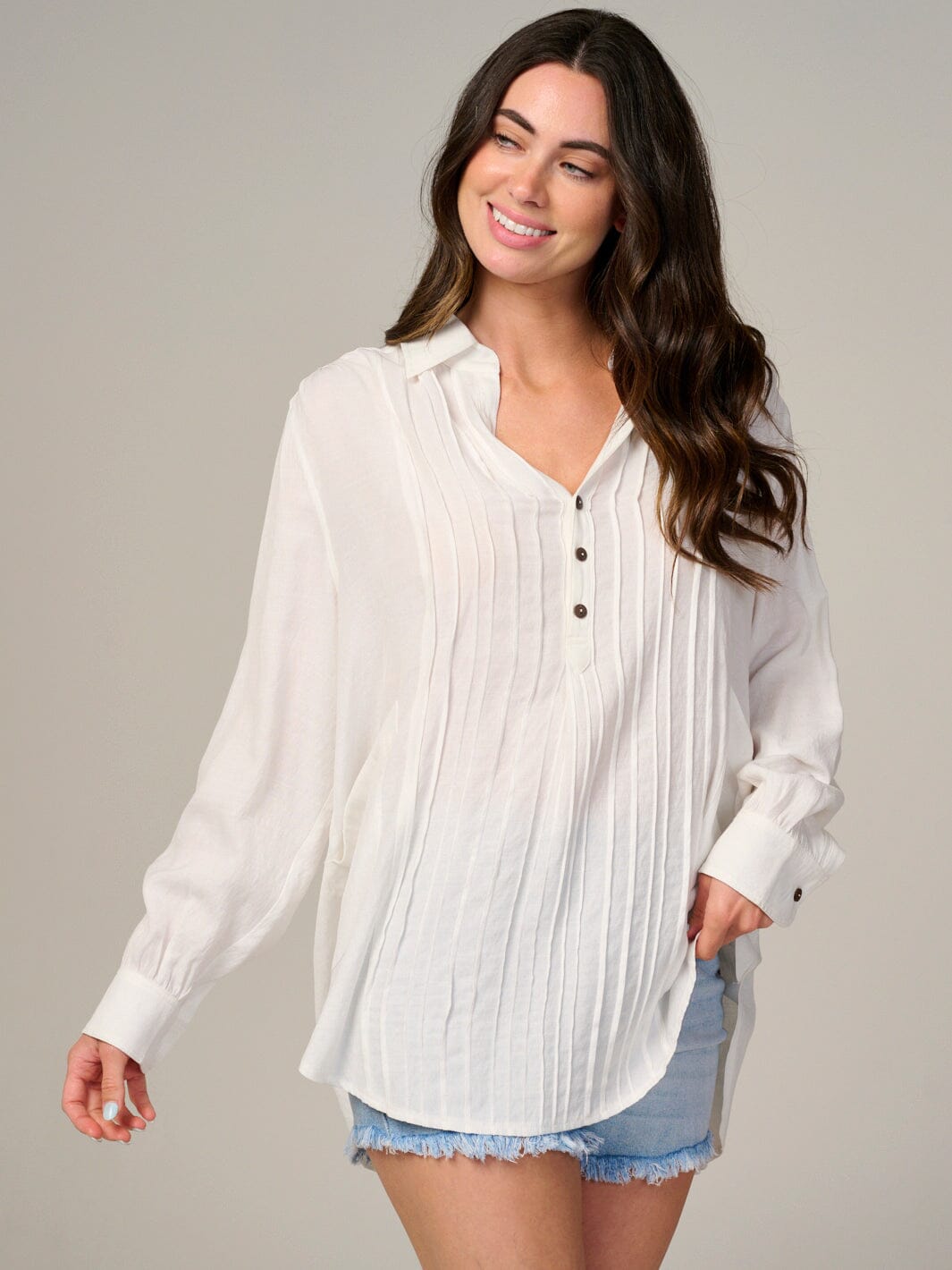 WOMEN'S LONG SLEEVE BUTTON UP V-NECK TUNIC TOP