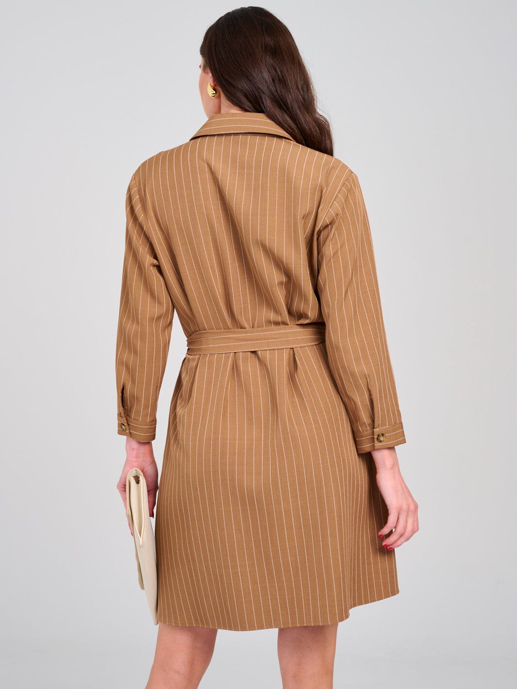 WOMEN'S LONG SLEEVE BUTTON UP SELF TIE FRONT POCKET MINI DRESS