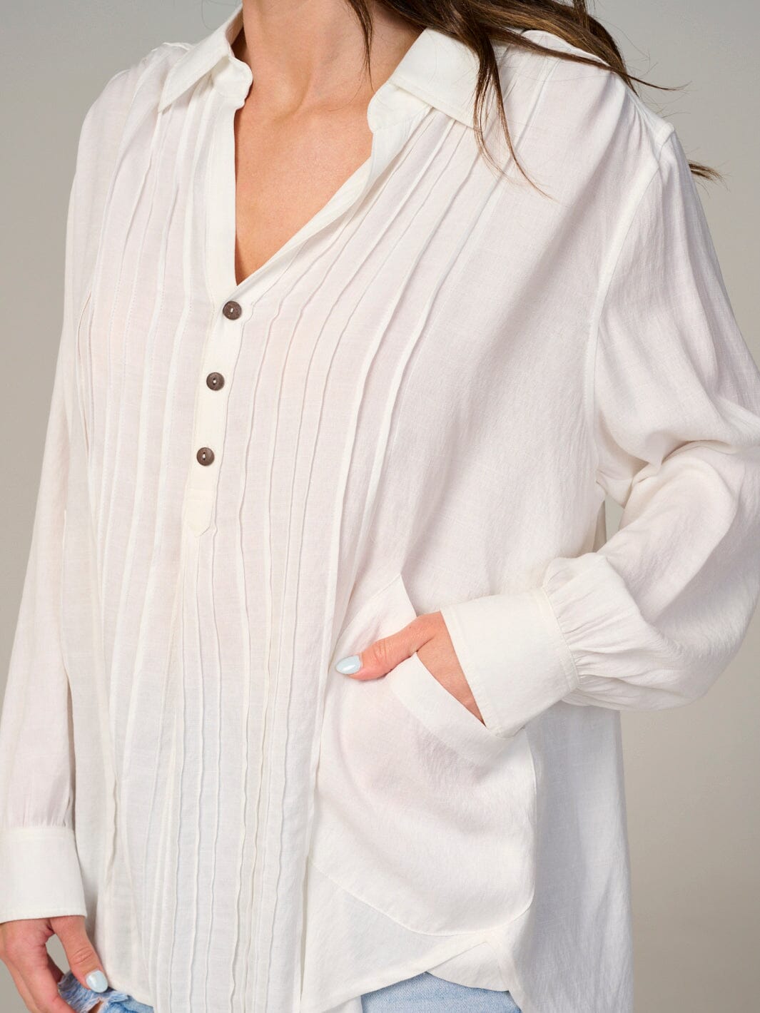 WOMEN'S LONG SLEEVE BUTTON UP V-NECK TUNIC TOP