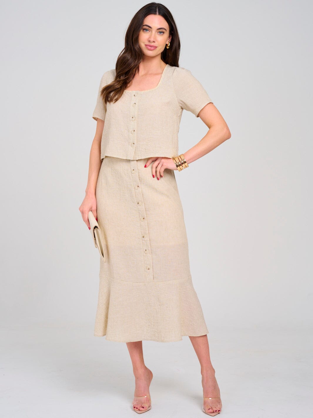 WOMEN'S SHORT SLEEVE TOP & ELASTIC WAIST MAXI SKIRT BUTTONS DETAILED 2PC. SET