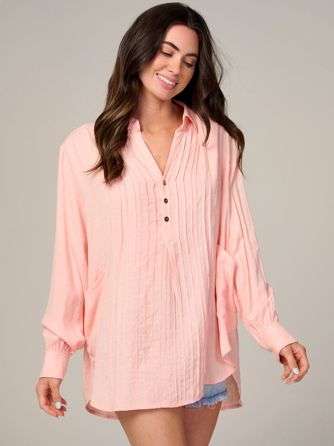 WOMEN'S LONG SLEEVE BUTTON UP V-NECK TUNIC TOP