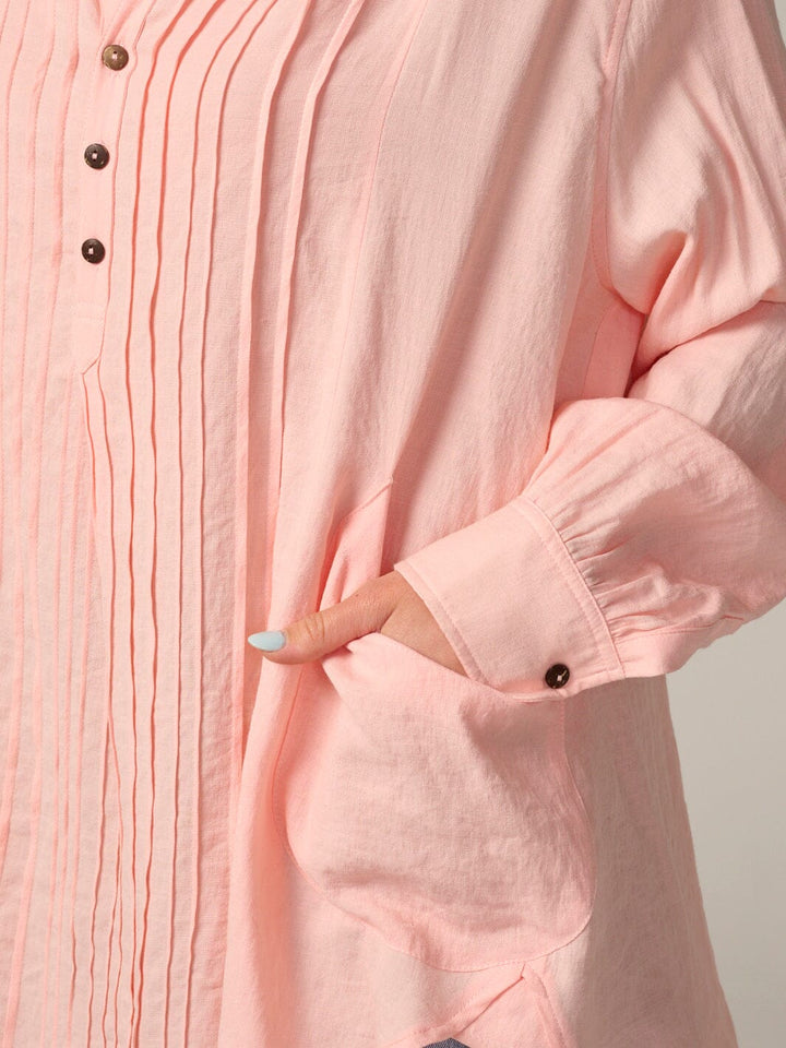 WOMEN'S LONG SLEEVE BUTTON UP V-NECK TUNIC TOP