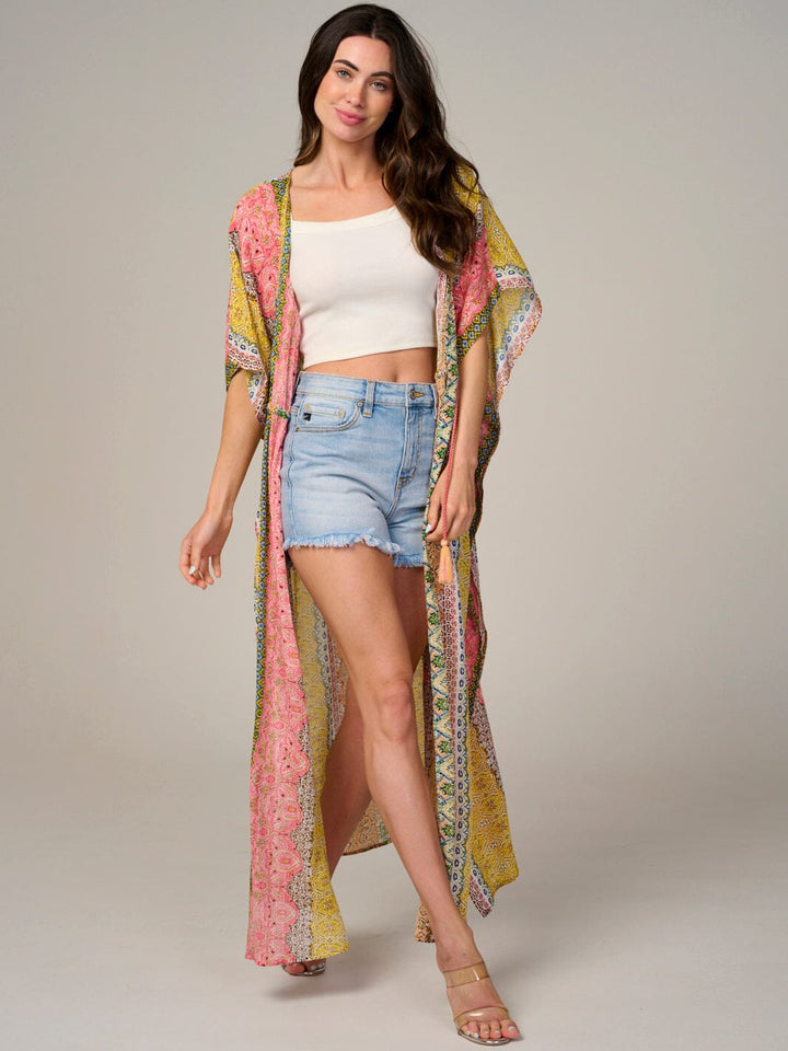 WOMEN'S SHORT SLEEVE SELF TIE MULTI PRINT KIMONO