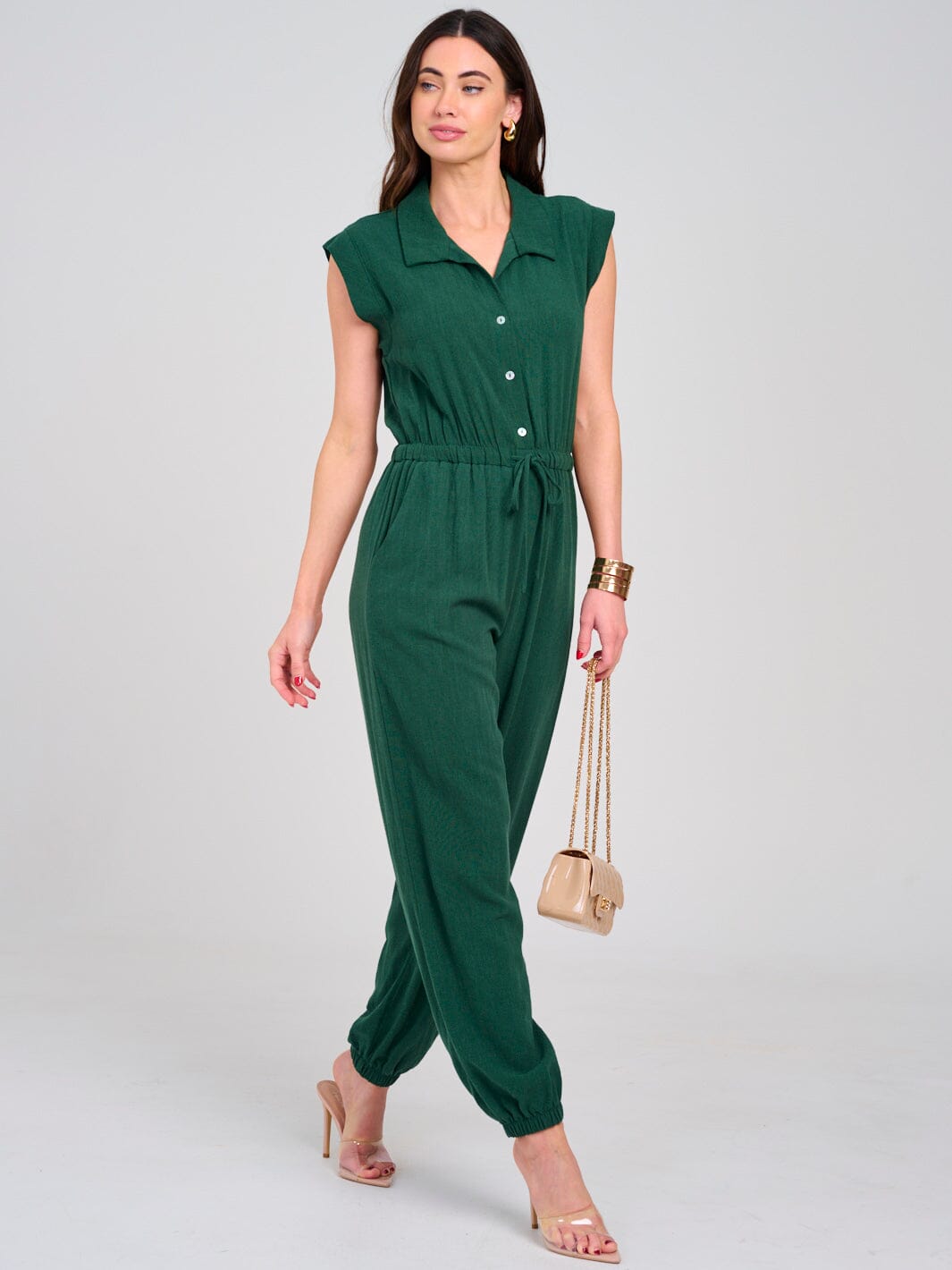 WOMEN'S SLEEVELESS V-NECK BUTTON UP ELASTIC WAIST POCKETS JOGGER JUMPSUIT