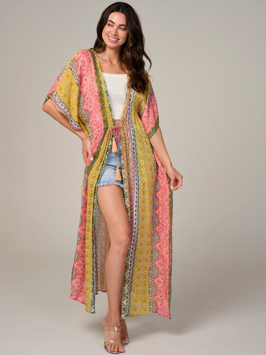 WOMEN'S SHORT SLEEVE SELF TIE MULTI PRINT KIMONO