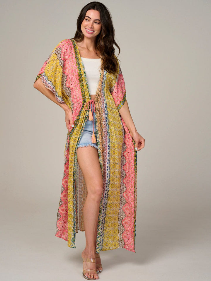 WOMEN'S SHORT SLEEVE SELF TIE MULTI PRINT KIMONO