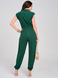 WOMEN'S SLEEVELESS V-NECK BUTTON UP ELASTIC WAIST POCKETS JOGGER JUMPSUIT