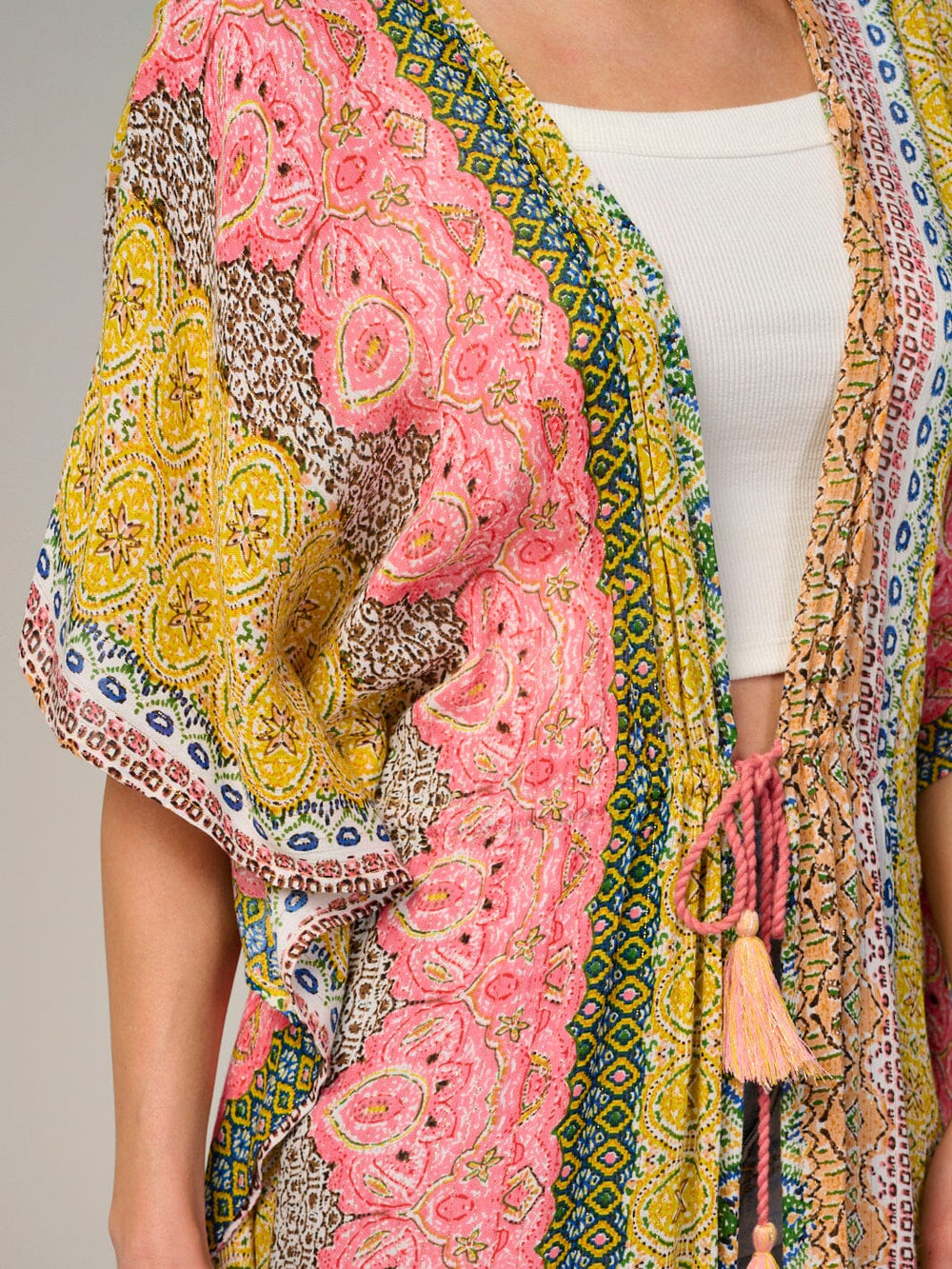 WOMEN'S SHORT SLEEVE SELF TIE MULTI PRINT KIMONO